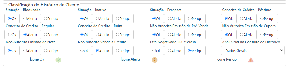 Tela para configuração de Status de Cliente